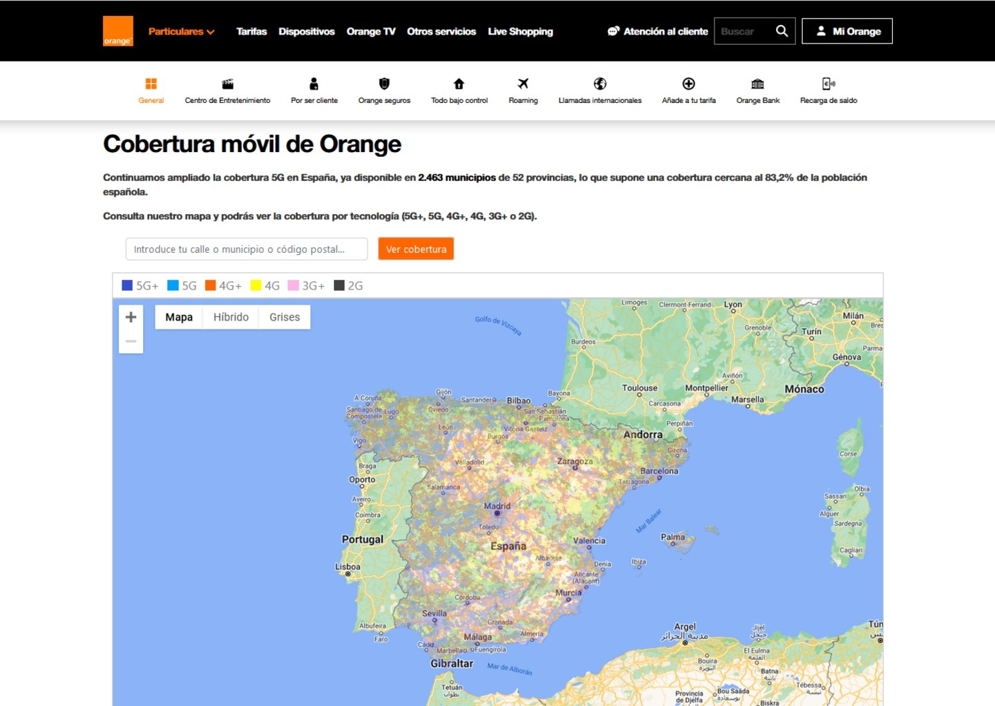 Mapa de cobertura de Orange