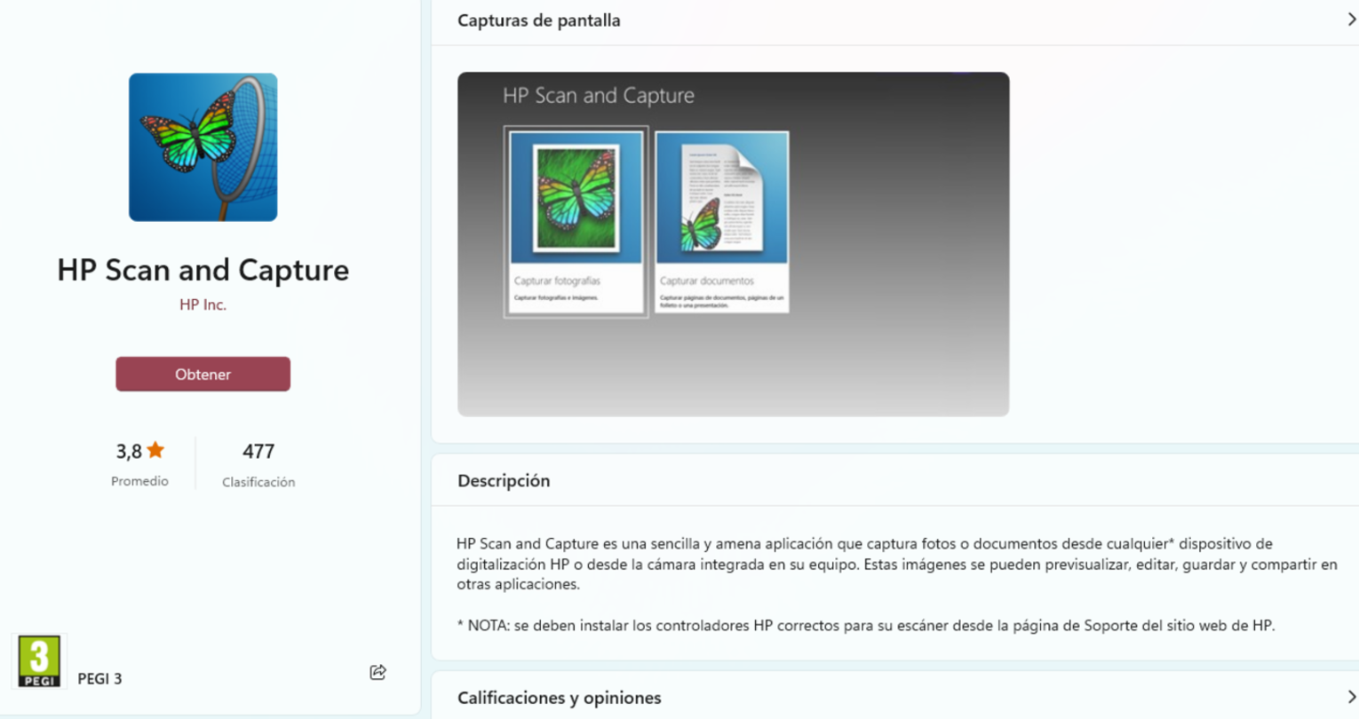 App HP Scan and Capture en la tienda de aplicaciones de Windows.