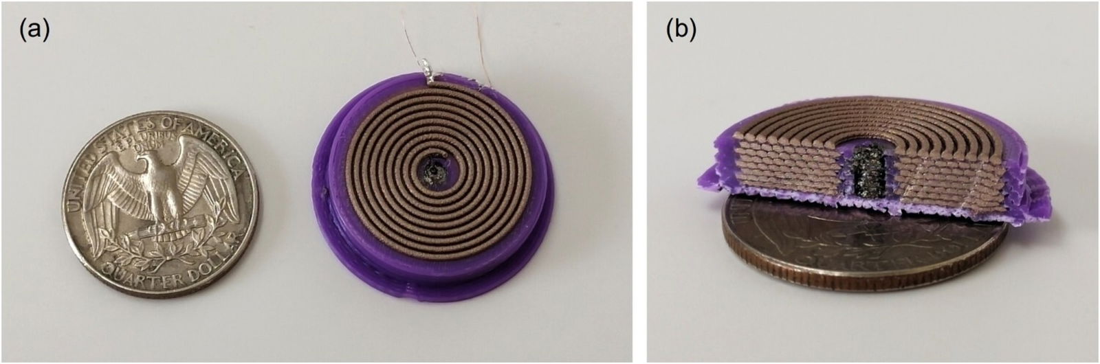 un solenoide fabricado con impresora 3D comparado con una moneda de un cuarto de dólar