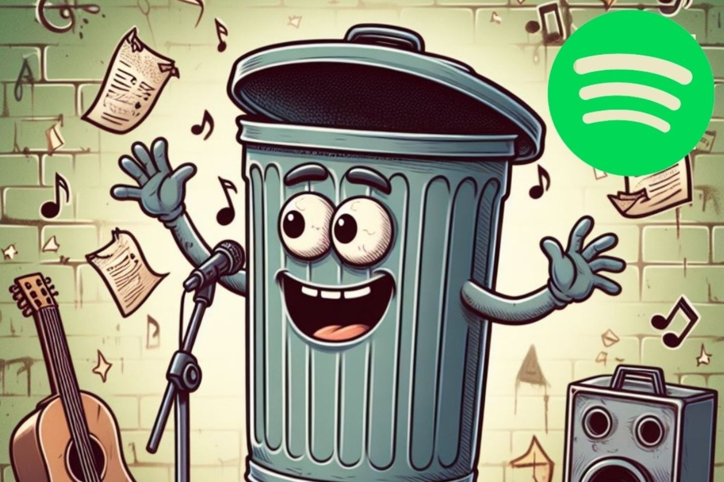 Cubo de la basura cantando del que sale el logotipo de Spotify