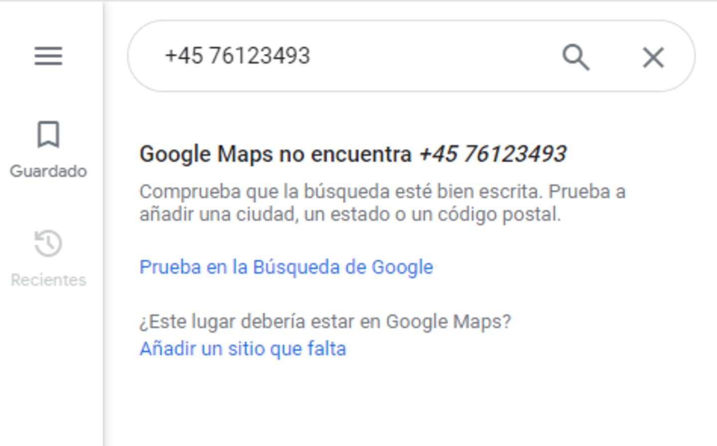 Búsqueda de un número de teléfono en Google Maps