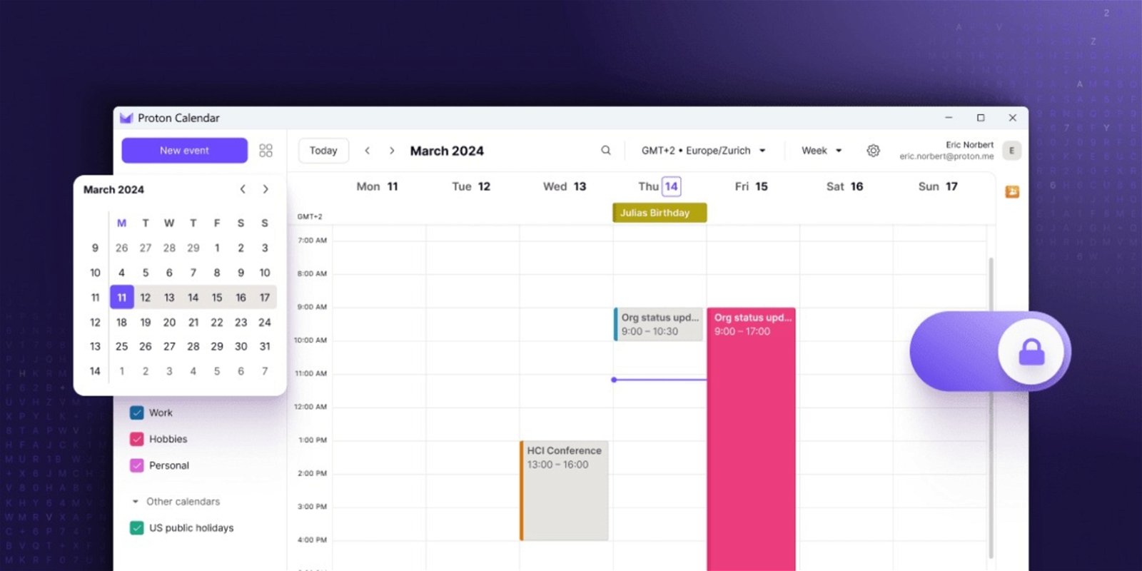 Calendario integrado en ProtonMail para PC