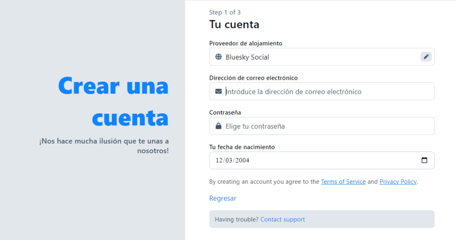 Primer paso para crear una cuenta en Bluesky