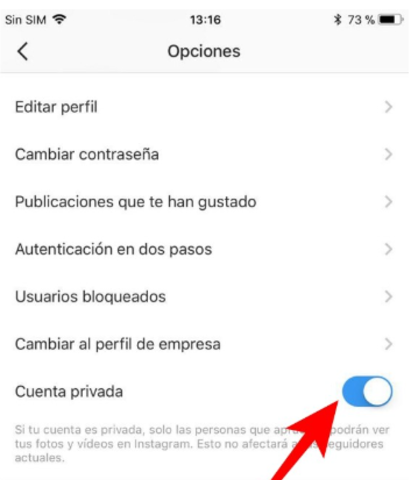 Menú para poner tu cuenta privada en un móvil iOS