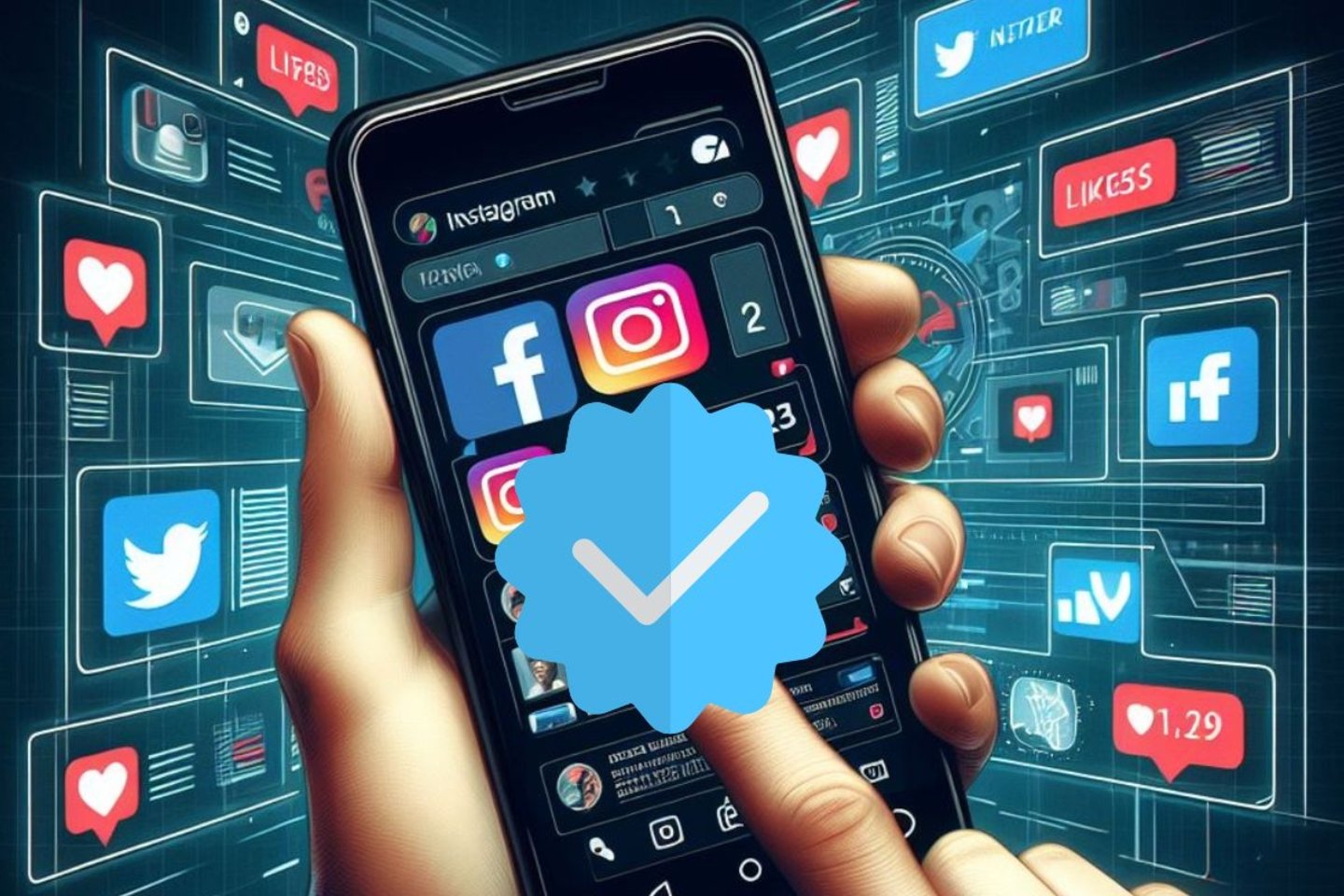 Móvil con los logotipos de Instagram y Facebook y un tick de verificación