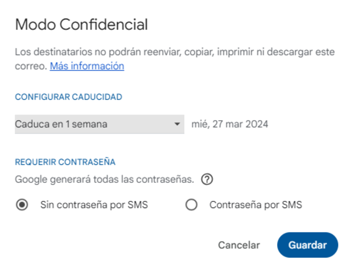 Menú para configurar el modo confidencial de Gmail