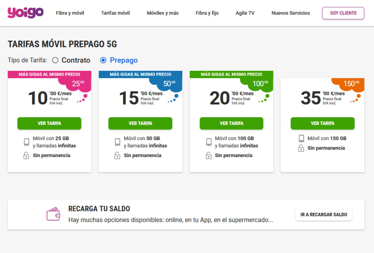 Yoigo incorpora el 5G a las tarifas prepago sin coste adicional