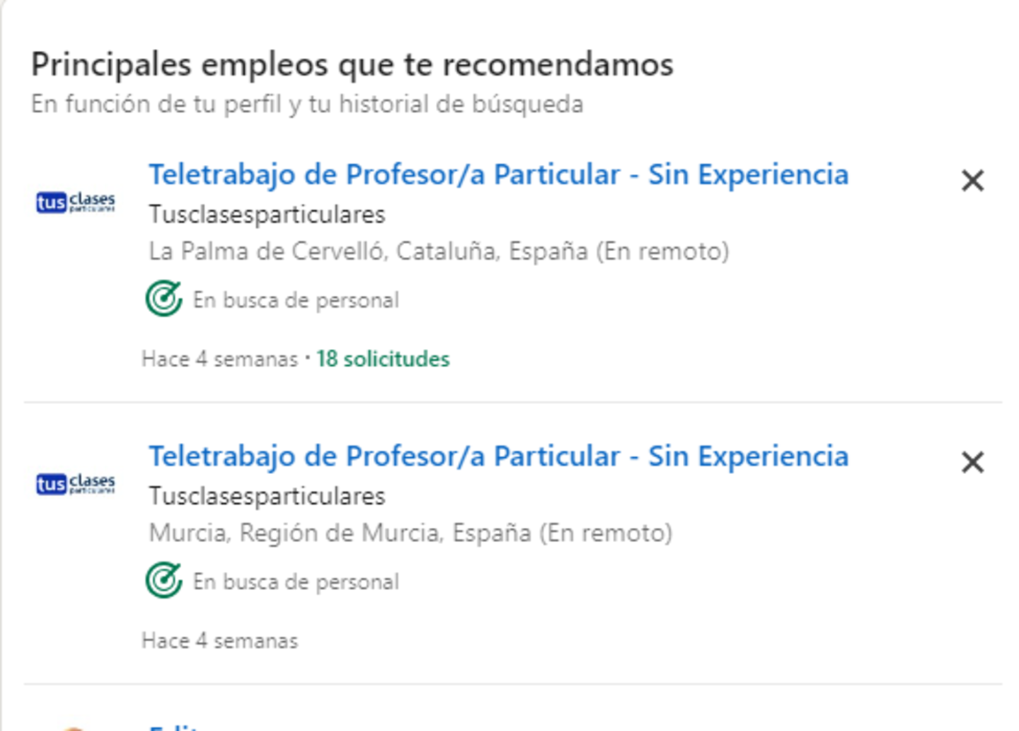 Puestos de trabajo en la sección de empleos de LinkedIn