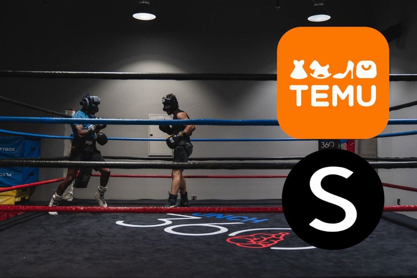 Logos de Temu y Shein en un ring de boxeo