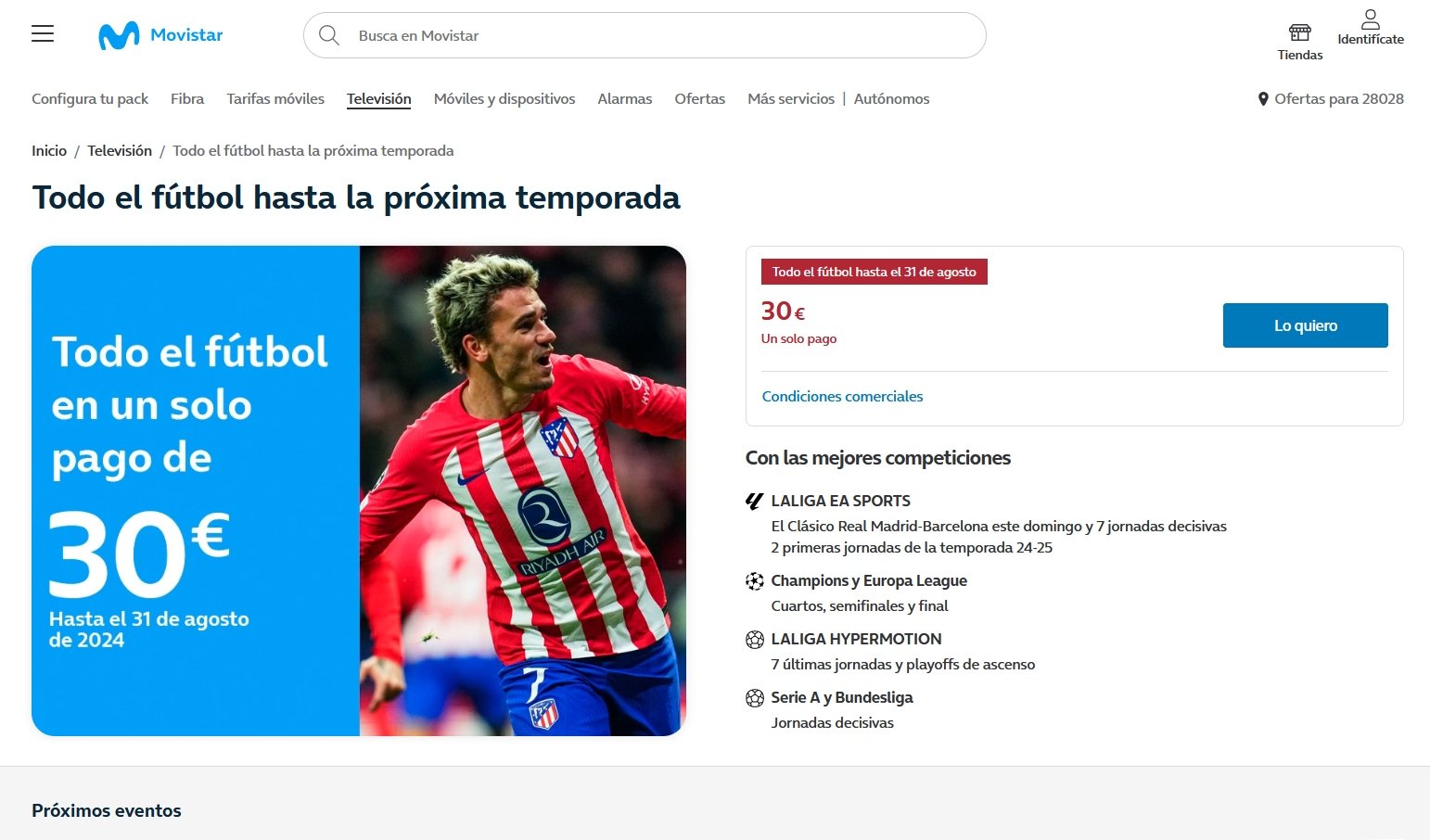 Todo el fútbol hasta septiembre por un pago único de 30 euros: así es la última oferta de Movistar