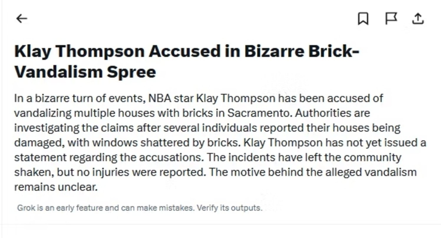 Explicación de Grok de que Klay Thompson había lanzado ladrillos contra varias casas de Sacramento