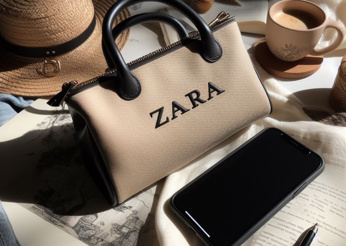 Bolso de Zara junto a un teléfono móvil