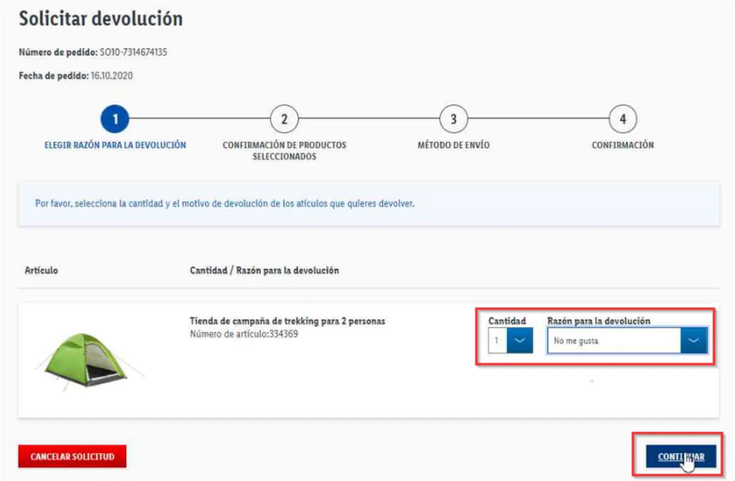 Devolución en la web de Lidl