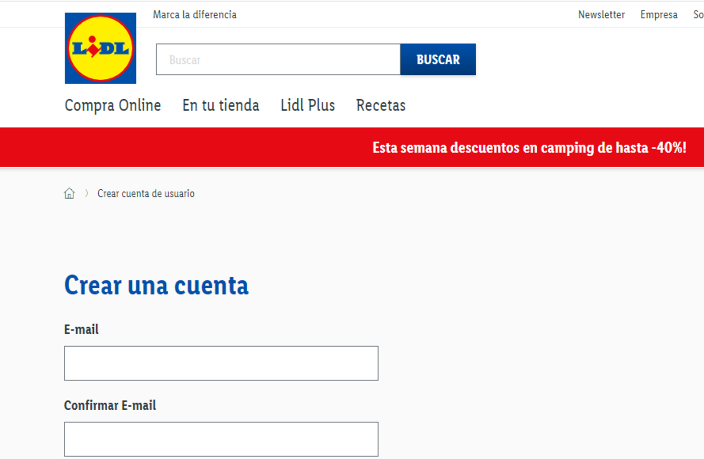 Formulario de registro en la web de Lidl