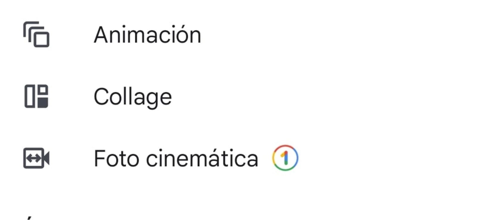 Menú para crear collage en Google Fotos