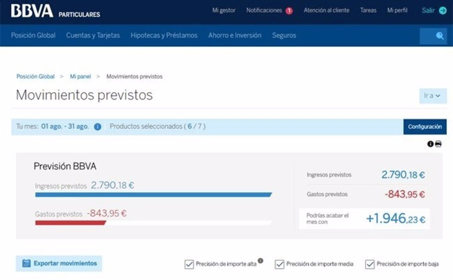 Últimos movimientos en la app de BBVA