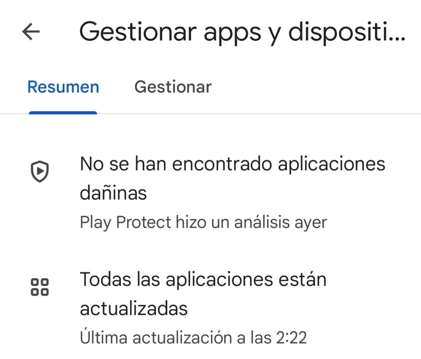 Sección Gestionar apps y dispositivos de la Play Store