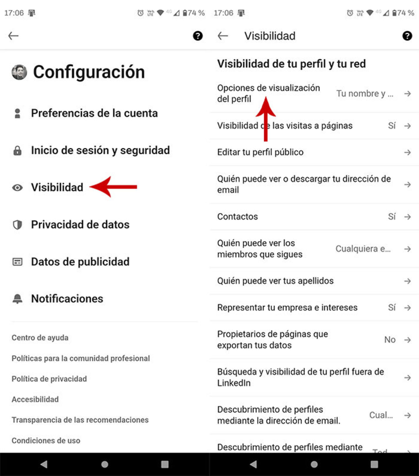 Ir a las opciones de visualización del perfil