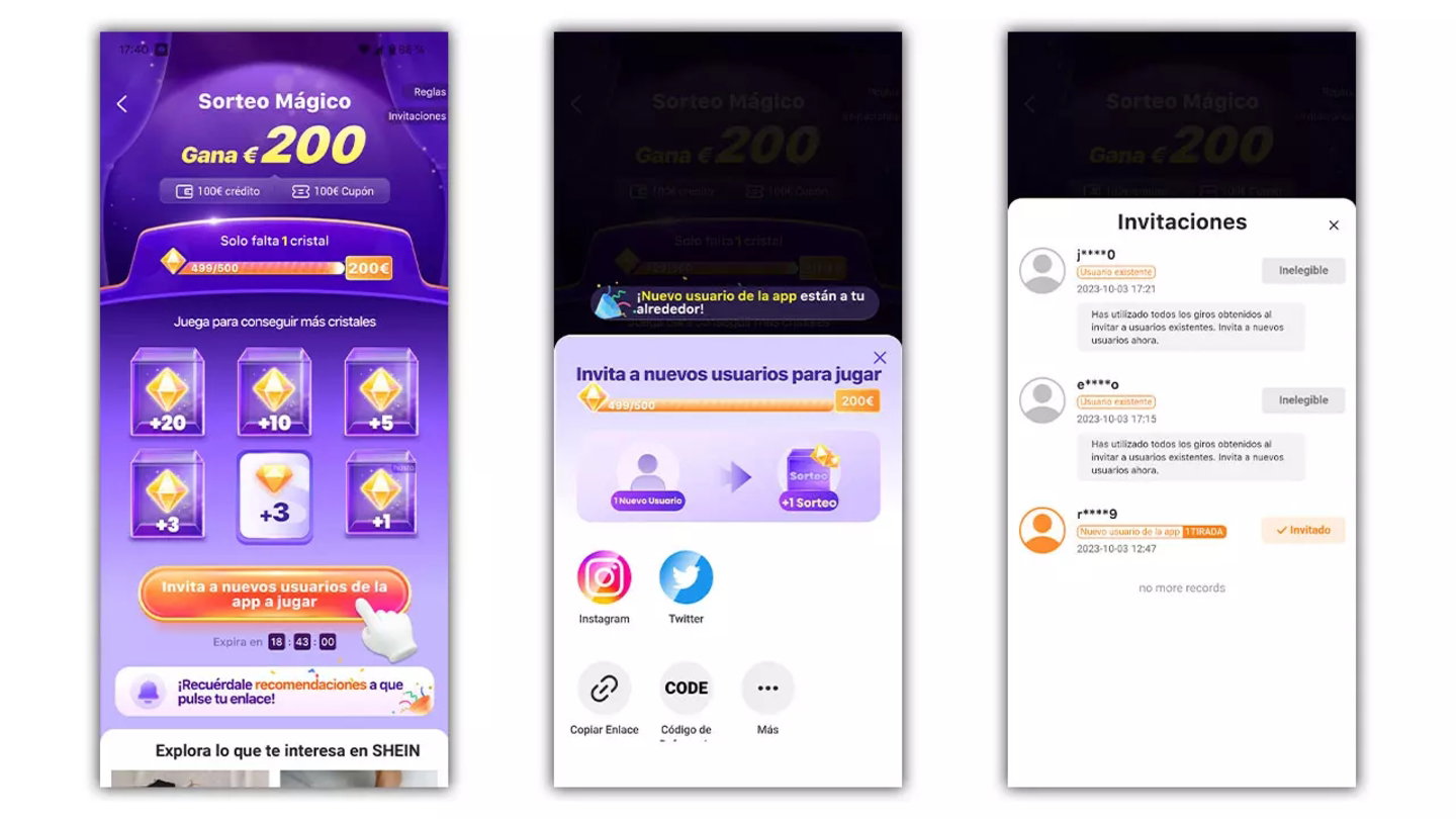 Juegos dentro de la app de Shein
