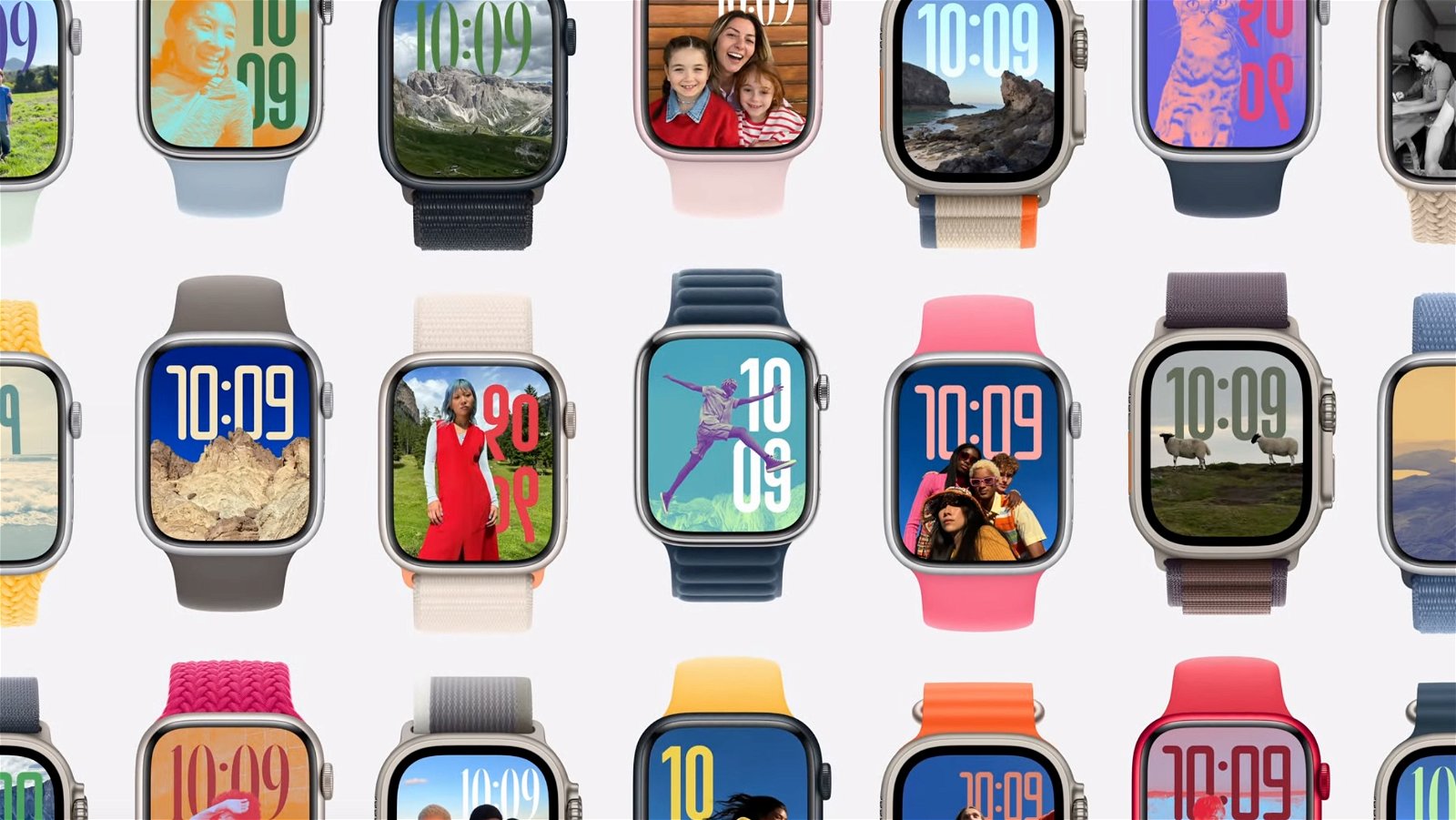 Imagen donde se ven a diferentes Apple Watch y sus respectivas esferas. 