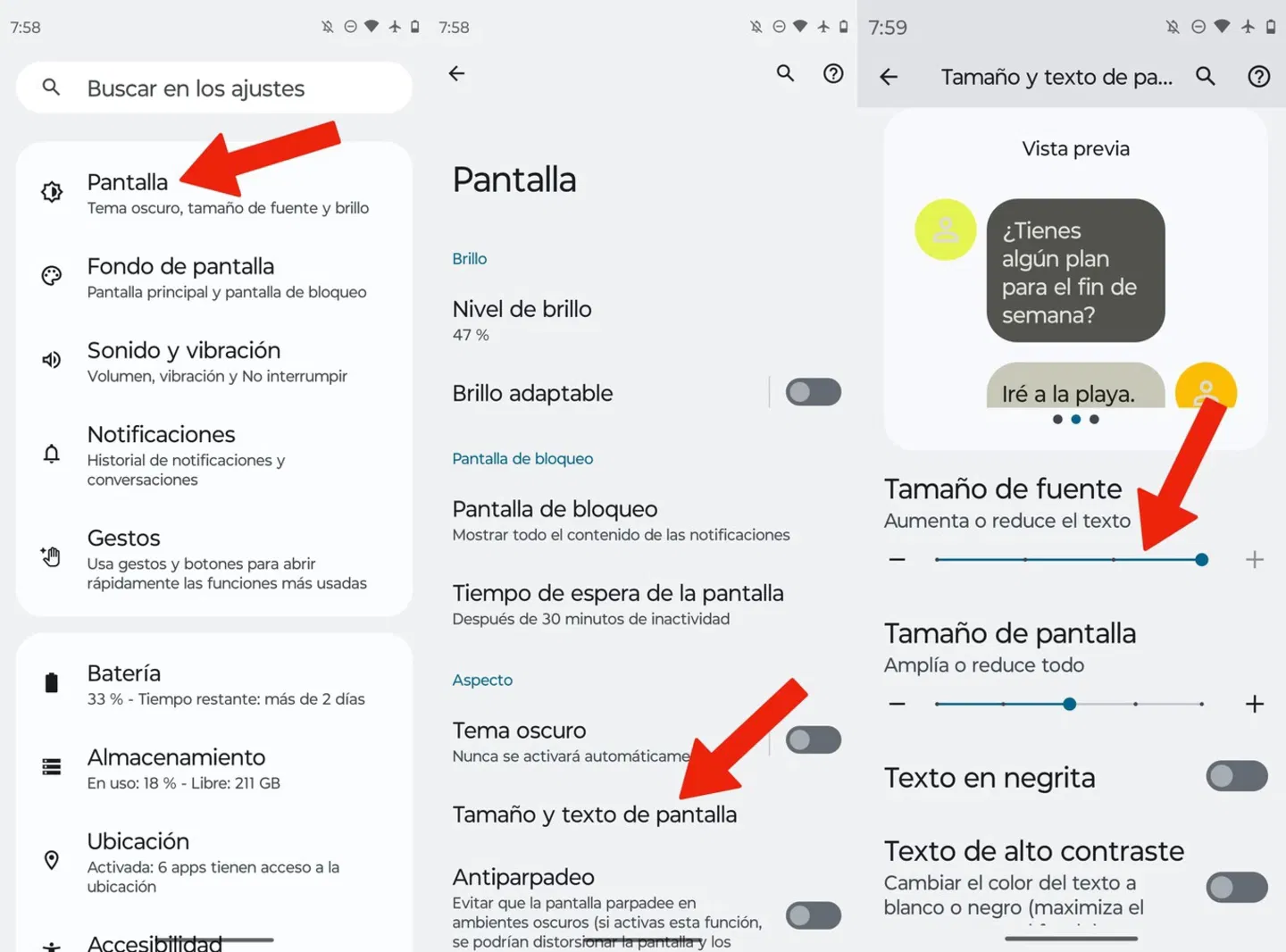 Proceso para modificar el tamaño de letra en la versión pura de Android