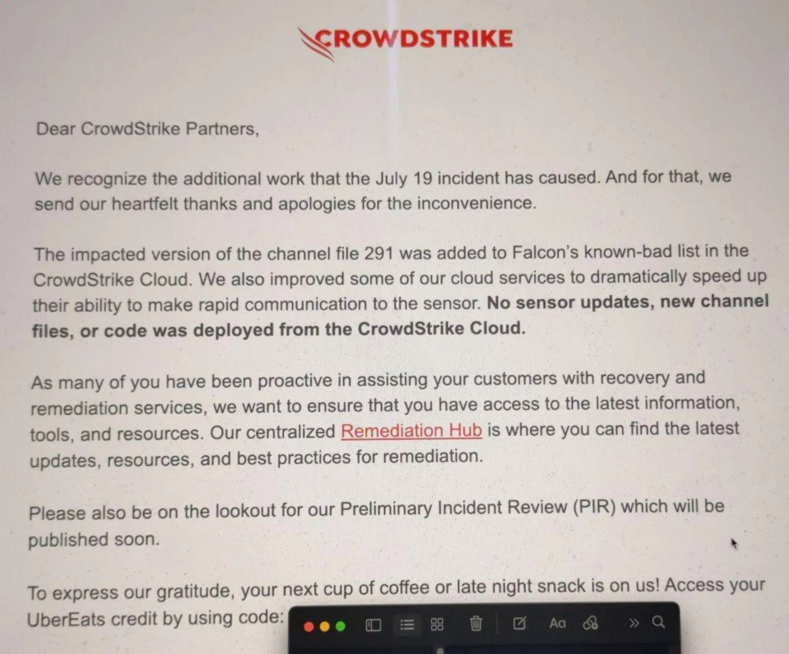 CrowdStrike pide disculpas a sus clientes... con un cupón de UberEats de 10 dólares