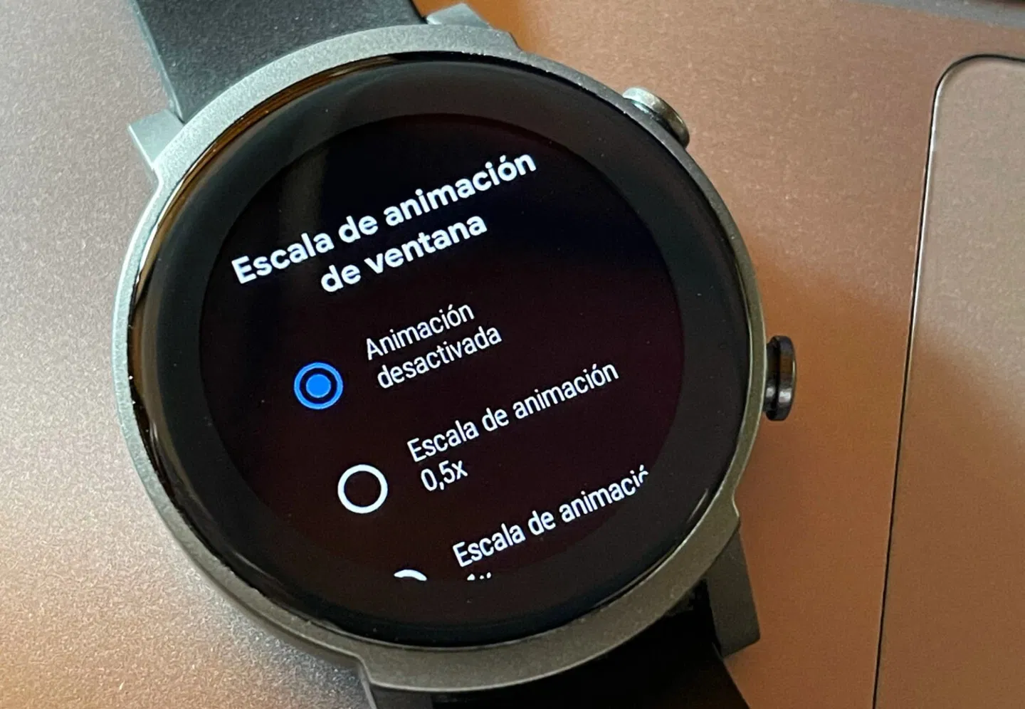 Pantalla del menú de Wear OS donde desactivar las animaciones