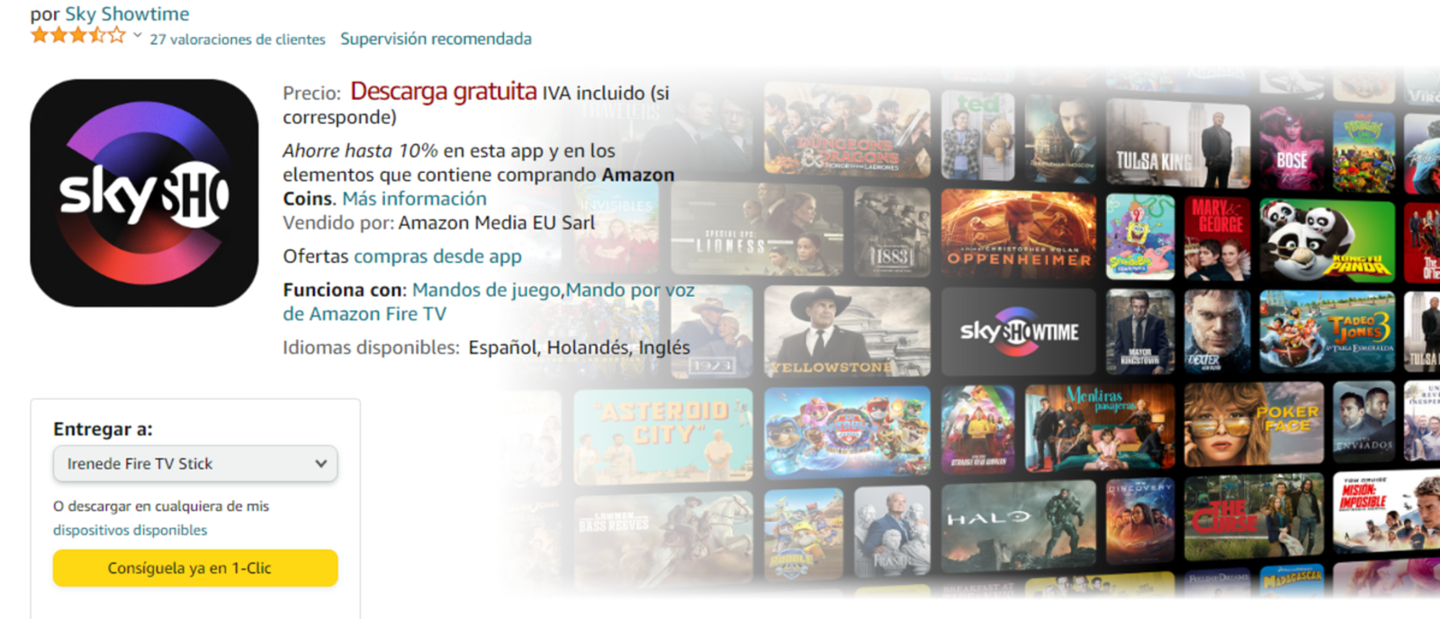 Página de SkyShowtime en la tienda de aplicaciones de Fire TV