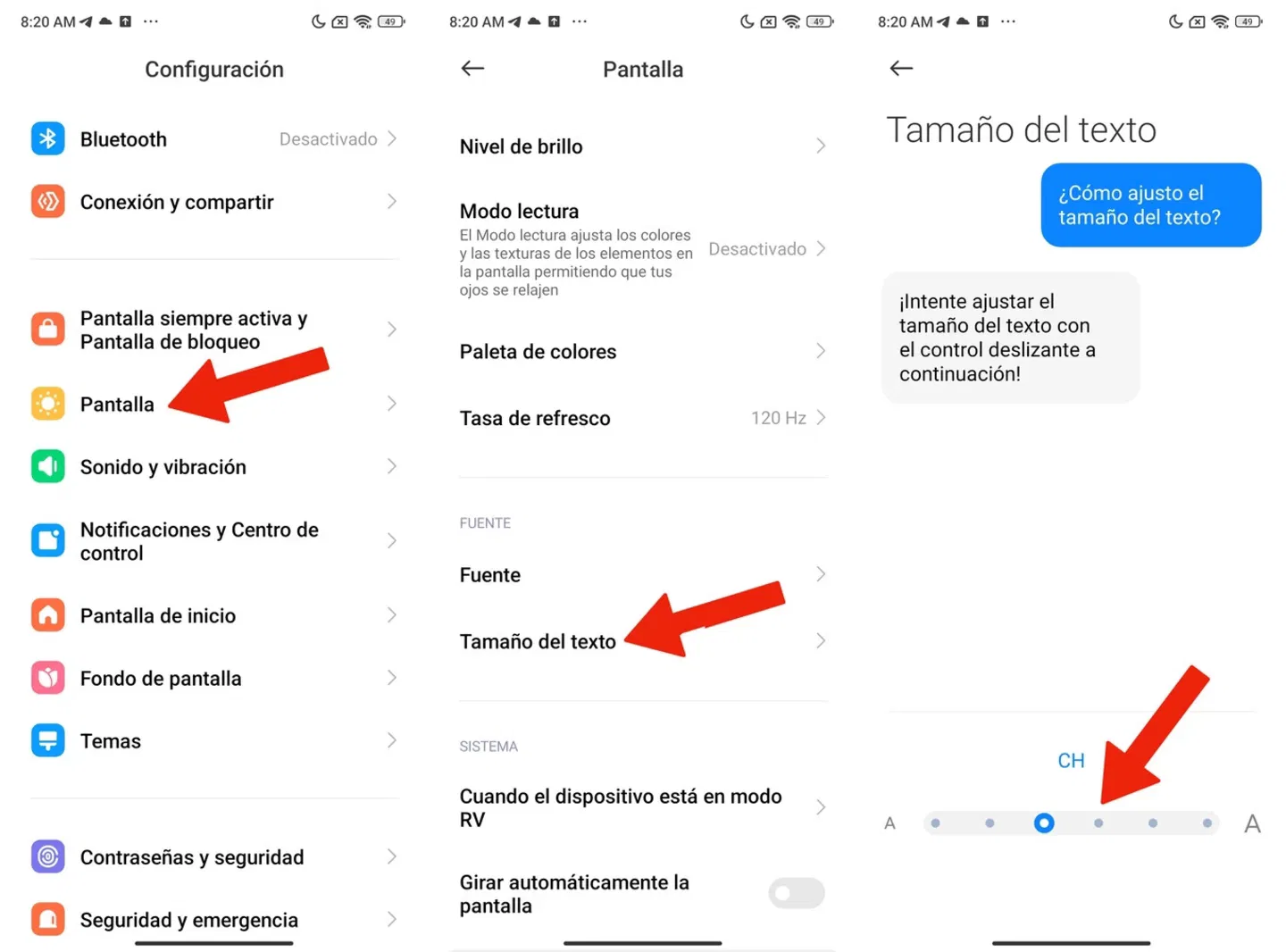 Proceso para cambiar el tamaño de letra en un móvil Xiaomi