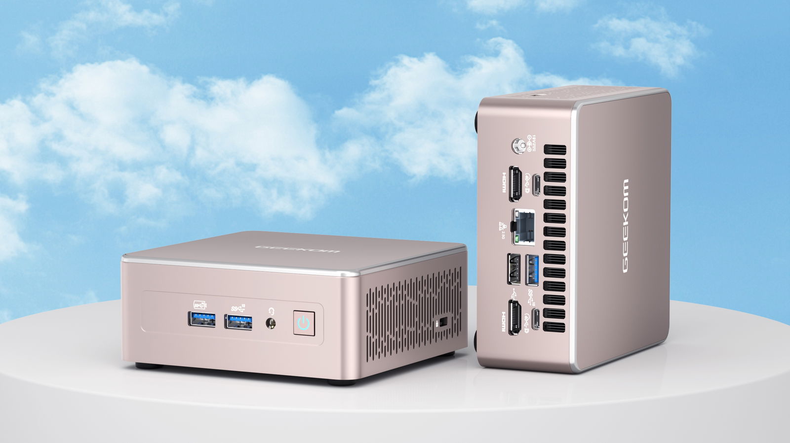 El mini PC Geekom A5, con su bonito acabado metálico en color oro rosa