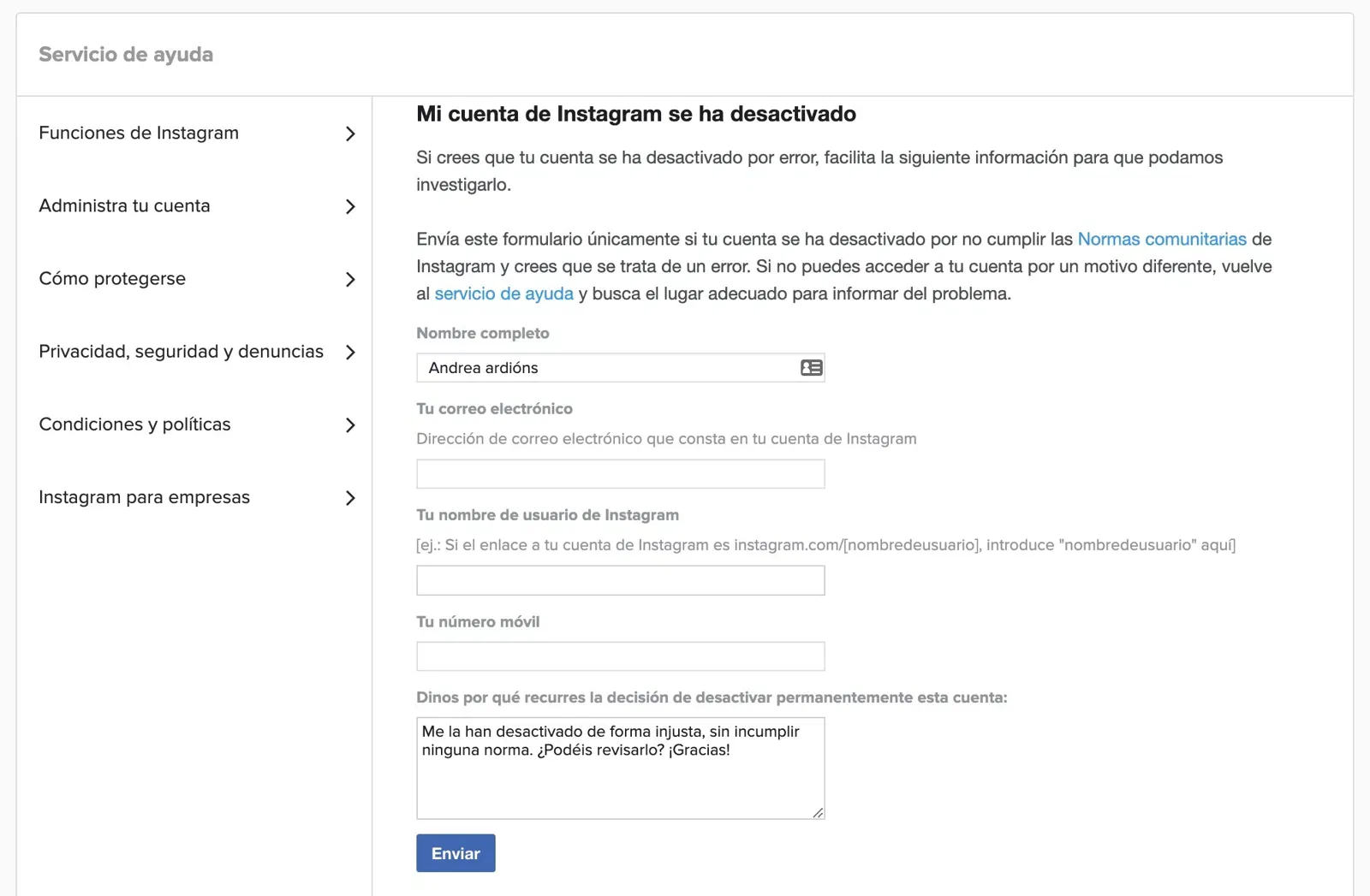 Para pedir que te devuelvan el acceso a Instagram tienes que rellenar un formulario