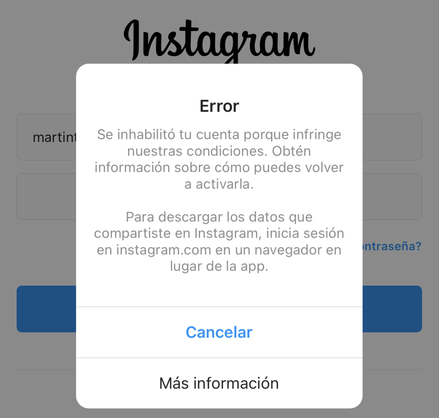 Cuando Instagram bloquea tu cuenta te envía un mensaje avisándote de ello