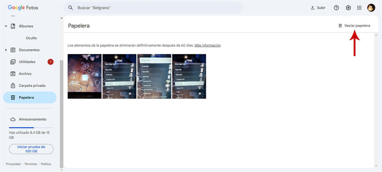 Vaciar la papelera de Google Fotos