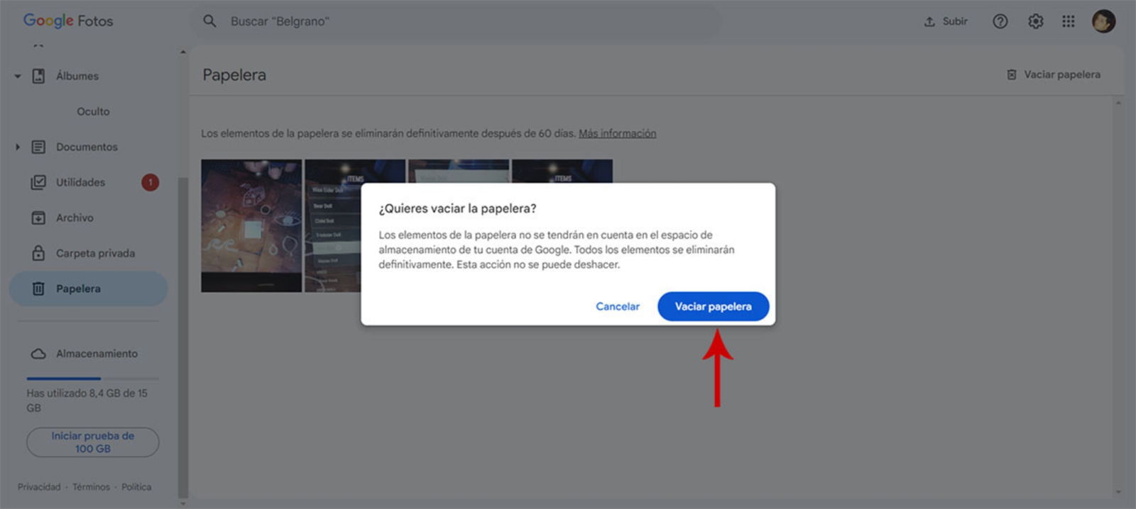 Vaciar papelera en Google Fotos