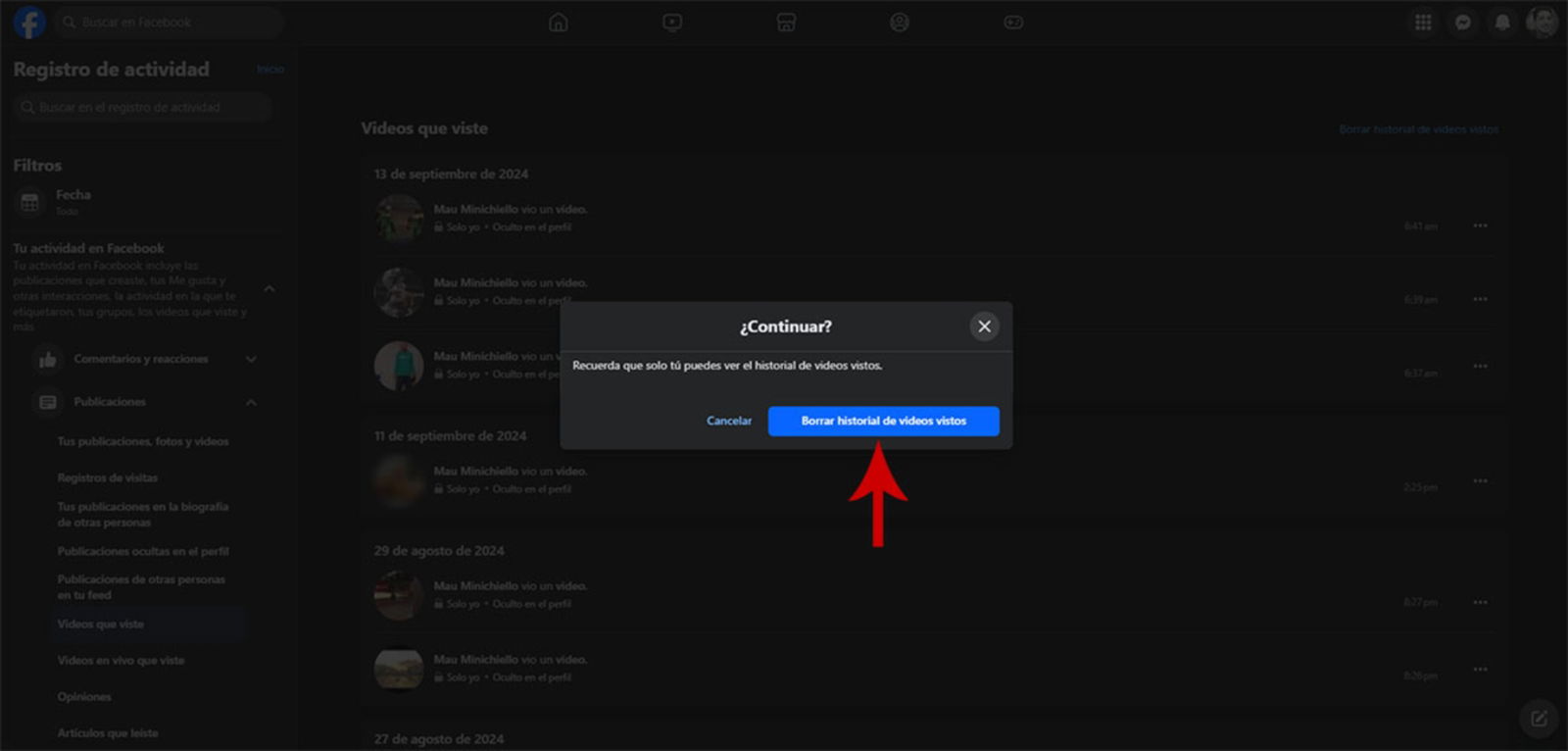 Confirmar eliminación del historial de videos vistos en Facebook desde el PC