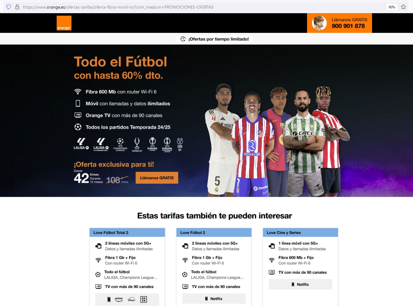 Orange rebaja el precio de todo el fútbol con fibra, fijo y móvil a 42 euros al mes