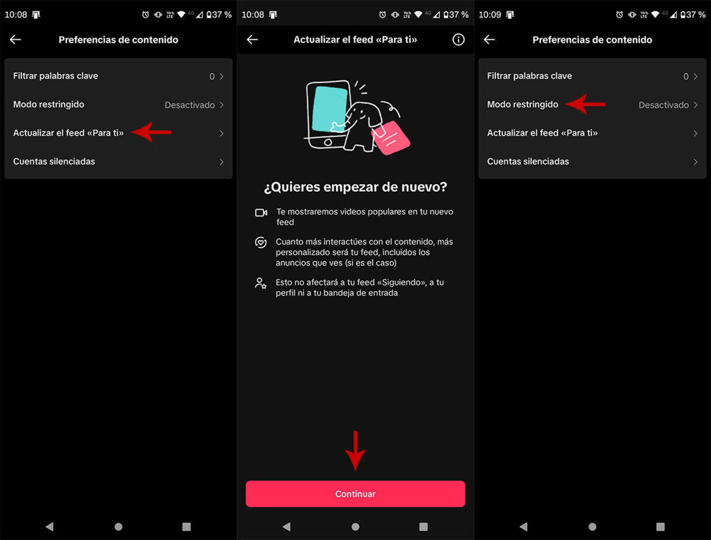 Reiniciar el Feed y activar el modo restringido en TikTok
