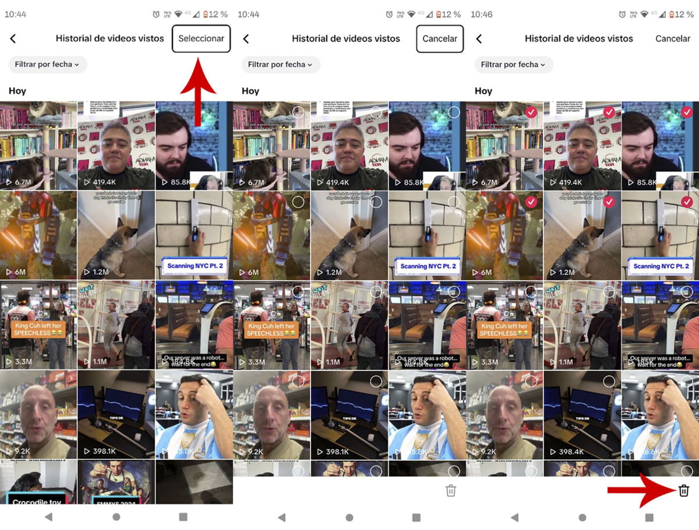 Seleccionar videos vistos para eliminarlos en TikTok