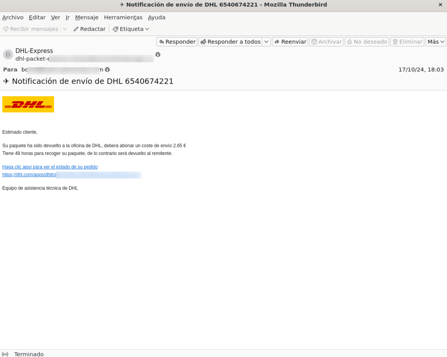 Captura del correo estafa de DHL