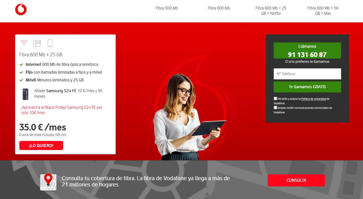 Fibra, móvil, fijo y un gama alta Samsung por 45 euros al mes: Vodafone rompe el Black Friday con su última promo