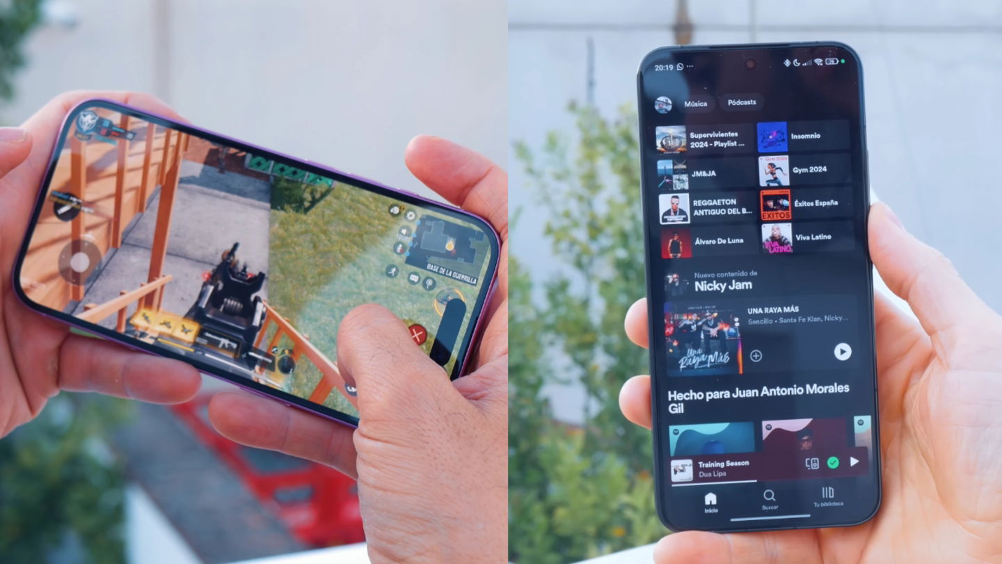 Juego en el iPhone 16 y Spotify en el Xiaomi 14