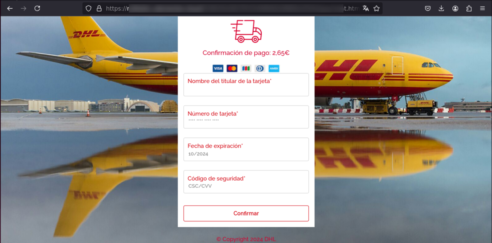 Página de pago de estafa de DHL