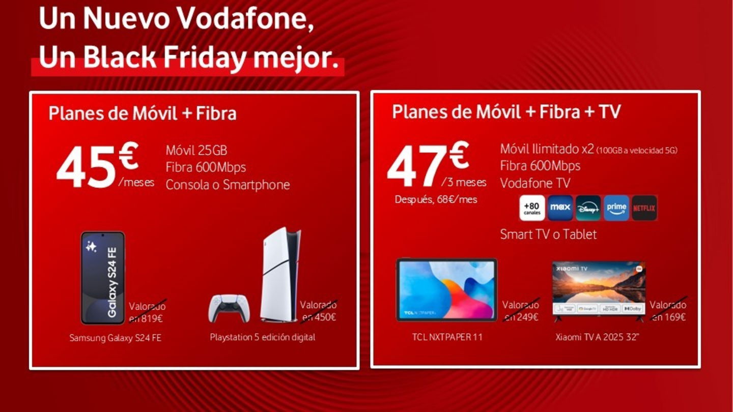 Vodafone regala dispositivos y ofrece descuentos por Black Friday: desde PS5 a Samsung Galaxy 24 FE