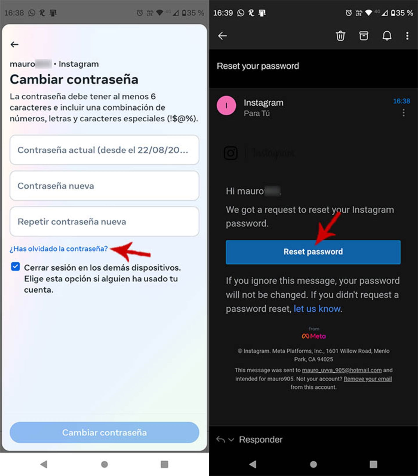 Resetear contraeña de Instagram