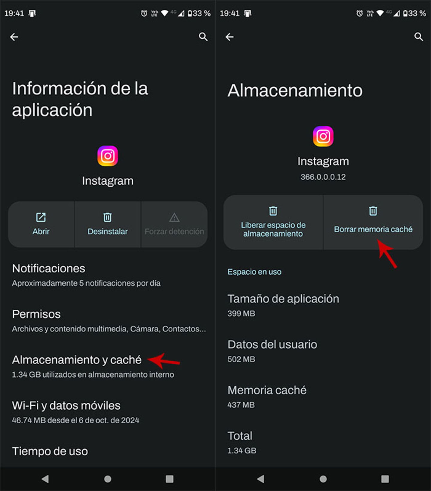 Borrar la memoria cache de Instagram