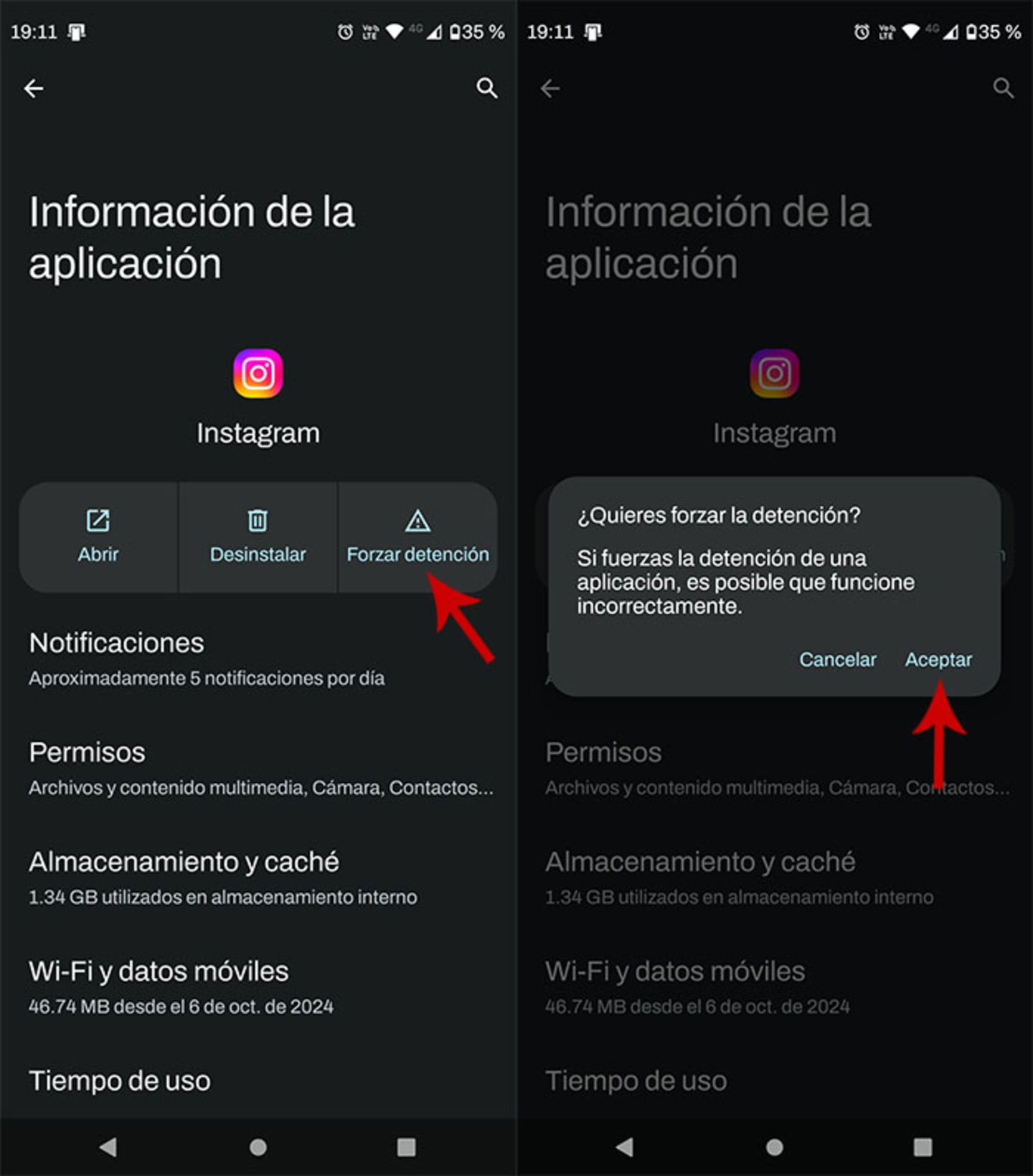 Forzar el cierre de Instagram