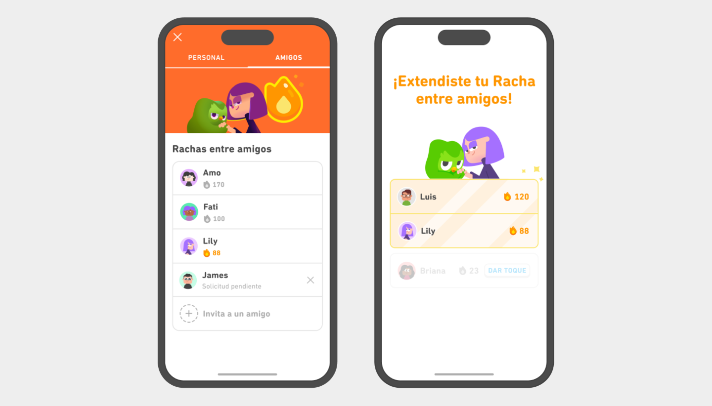 Si agregas a tus amigos a Duolingo podréis compartir vuestras rachas