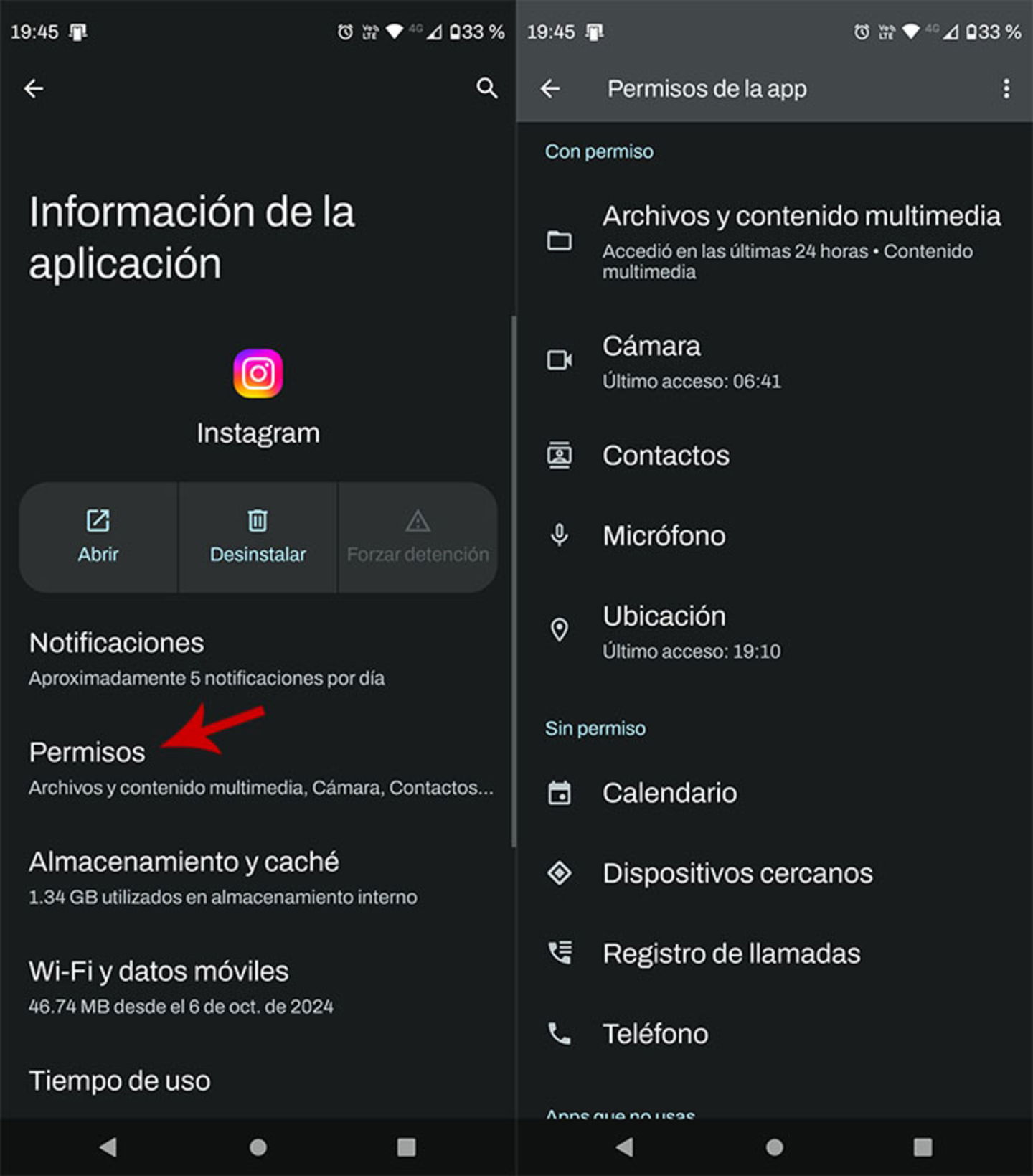 Ver permisos de Instagram en Android