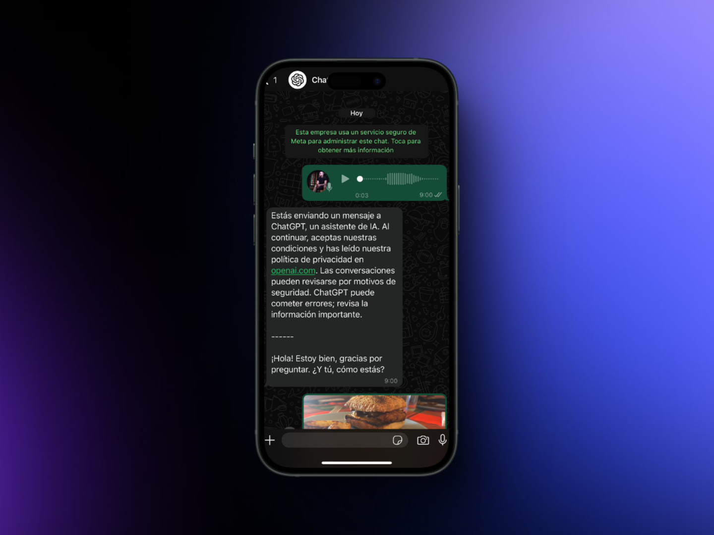 ChatGPT siendo utilizada en WhatsApp para enviar mensajes de audio y que esta los entienda
