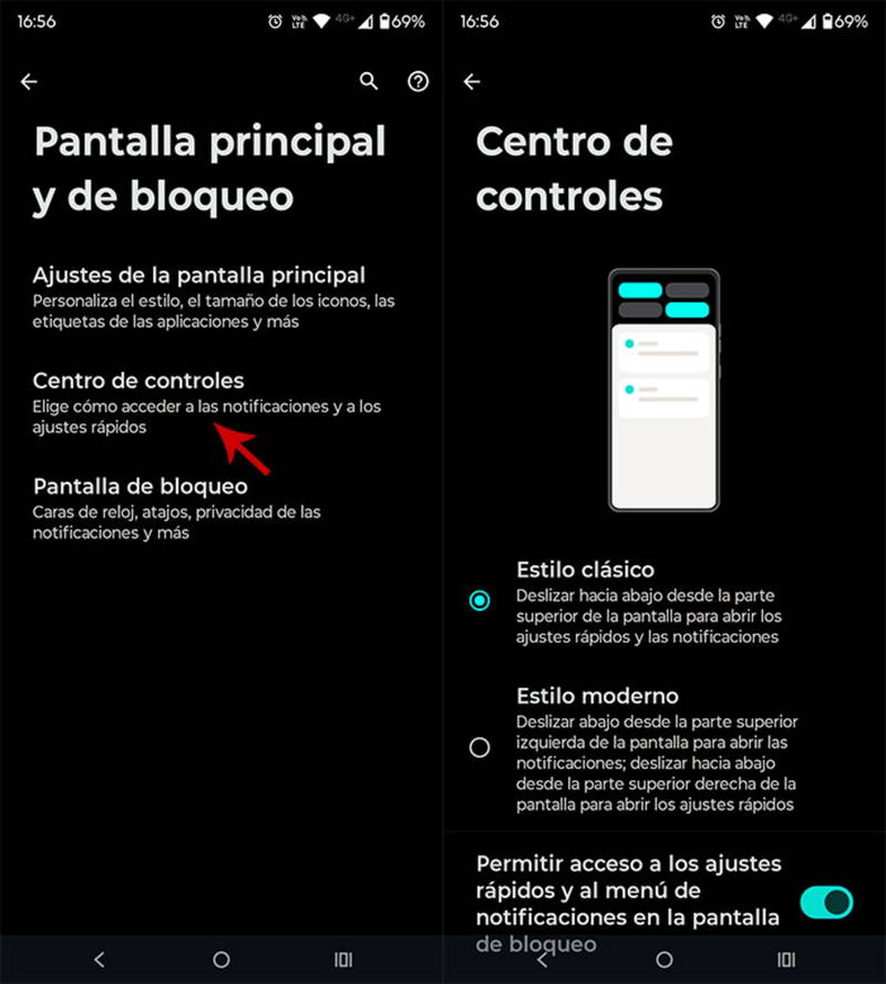 Cambiar el estilo del Centro de control de Android